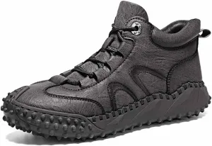 Men's Leather Ankle Casual Boots Hand Stitching Slip on Flats Loafers Fashionable Lace-up Driving Walking Oxford Shoes (Grey,8.5)