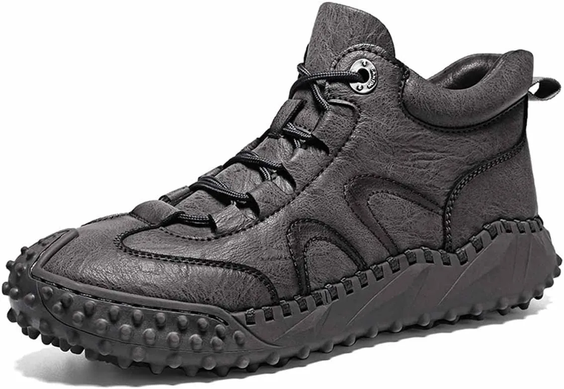 Men's Leather Ankle Casual Boots Hand Stitching Slip on Flats Loafers Fashionable Lace-up Driving Walking Oxford Shoes (Grey,8.5)