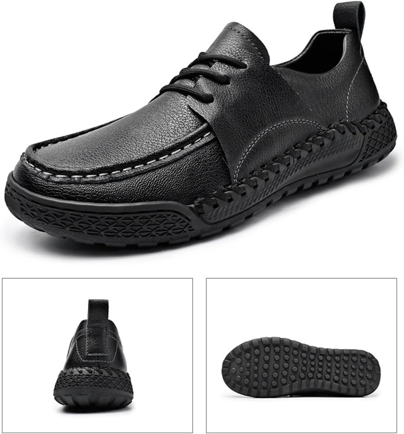 Men's Leather Lace-Up Loafers for Driving Travel & Hiking Hand-Stitched Business Casual Shoes Anti-Slip Rubber Sole Lightweight & Breathable Comfortable Walking Shoes for Men