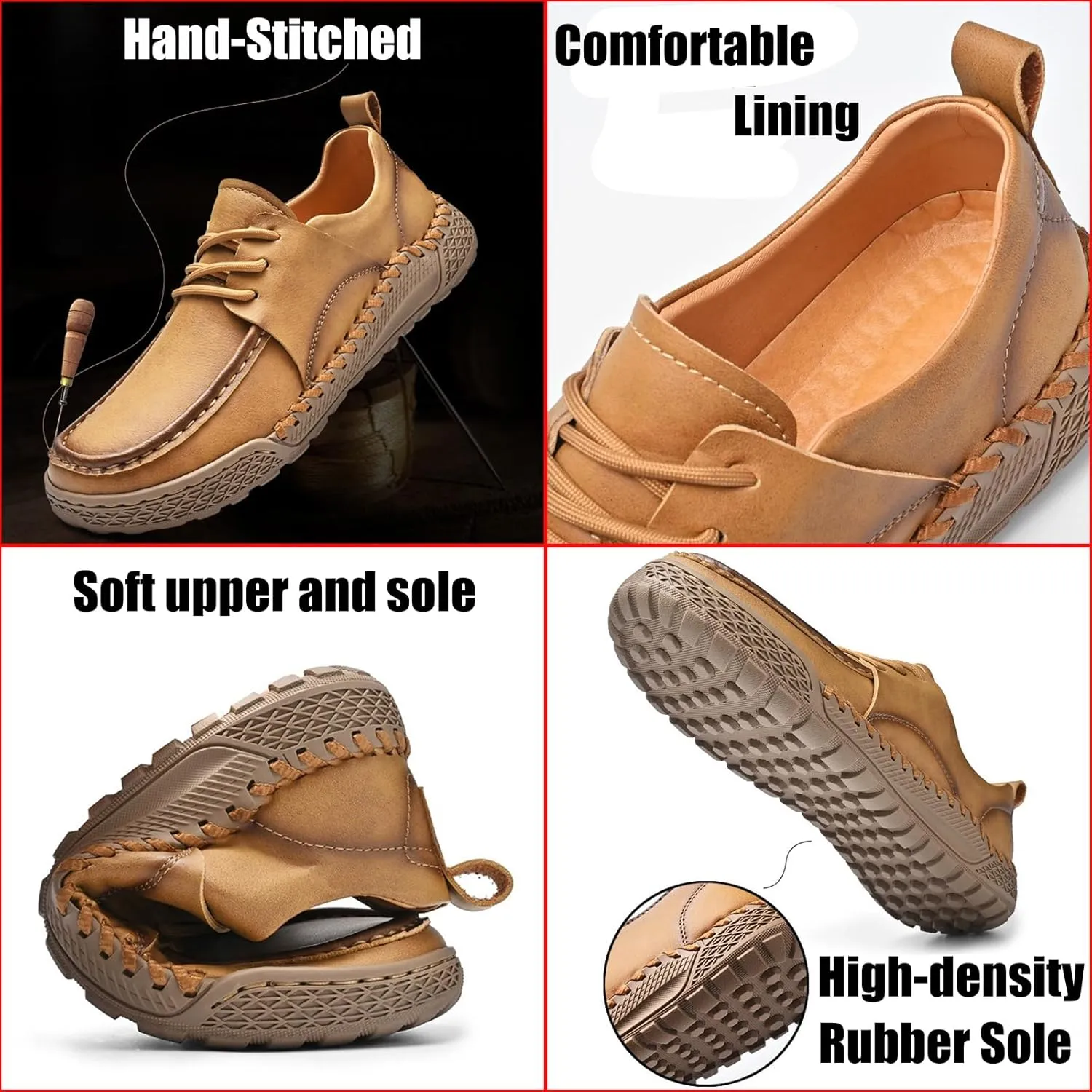 Men's Leather Lace-Up Loafers for Driving Travel & Hiking Hand-Stitched Business Casual Shoes Anti-Slip Rubber Sole Lightweight & Breathable Comfortable Walking Shoes for Men