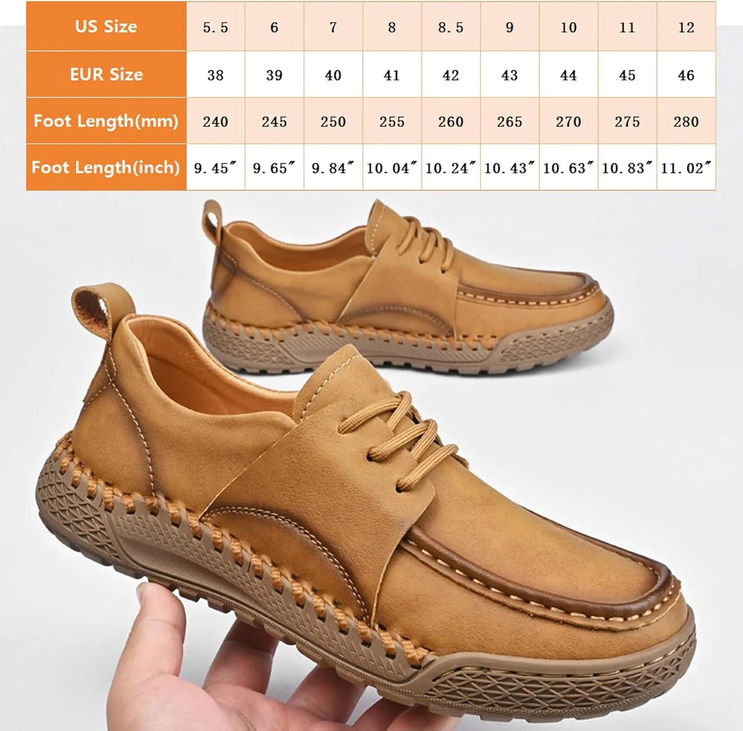 Men's Leather Lace-Up Loafers for Driving Travel & Hiking Hand-Stitched Business Casual Shoes Anti-Slip Rubber Sole Lightweight & Breathable Comfortable Walking Shoes for Men