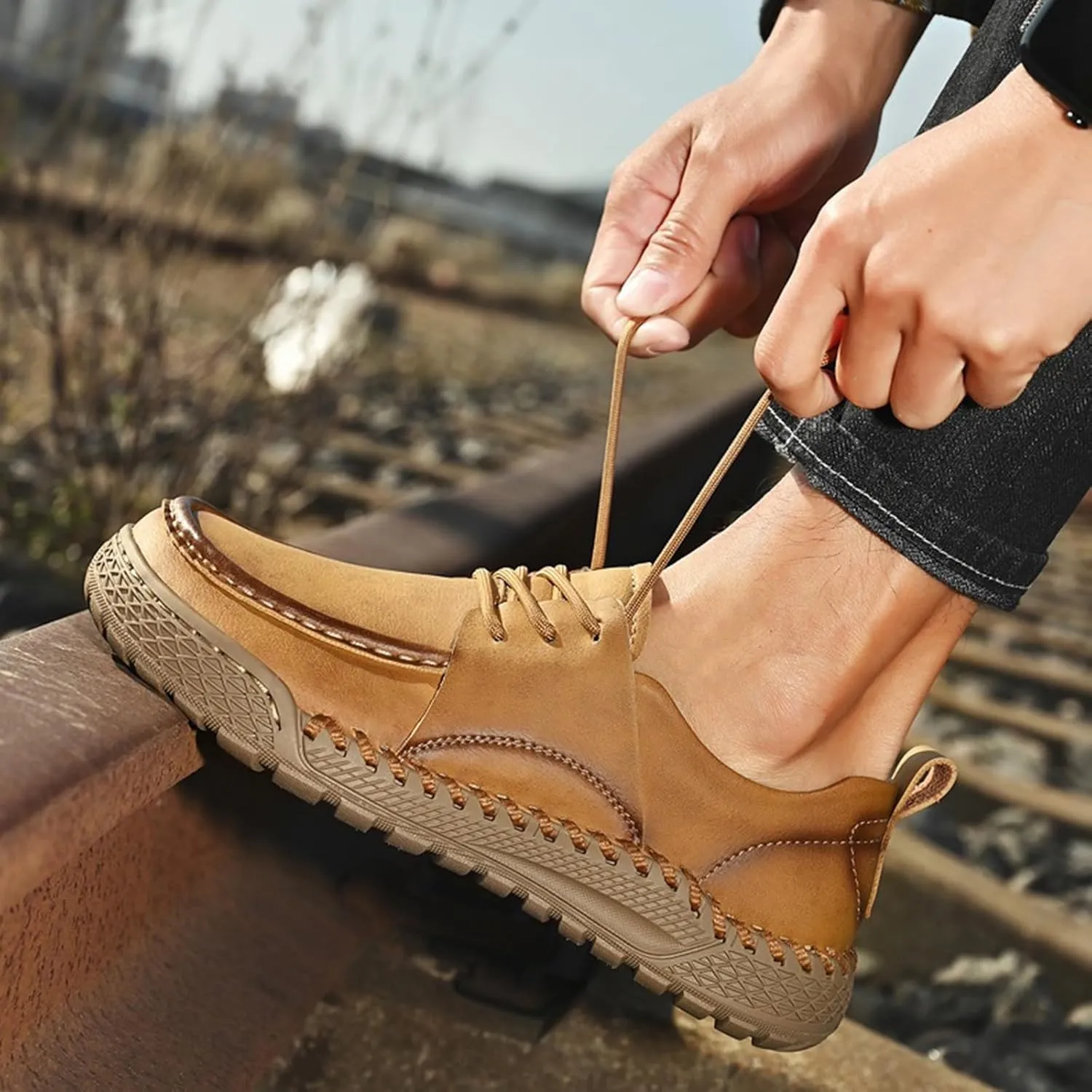 Men's Leather Lace-Up Loafers for Driving Travel & Hiking Hand-Stitched Business Casual Shoes Anti-Slip Rubber Sole Lightweight & Breathable Comfortable Walking Shoes for Men