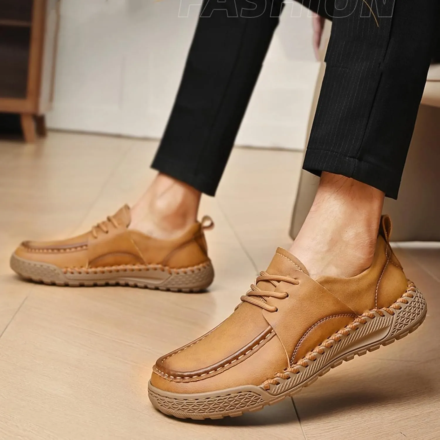 Men's Leather Lace-Up Loafers for Driving Travel & Hiking Hand-Stitched Business Casual Shoes Anti-Slip Rubber Sole Lightweight & Breathable Comfortable Walking Shoes for Men