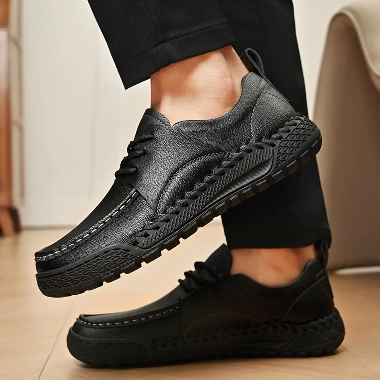 Men's Leather Lace-Up Loafers for Driving Travel & Hiking Hand-Stitched Business Casual Shoes Anti-Slip Rubber Sole Lightweight & Breathable Comfortable Walking Shoes for Men
