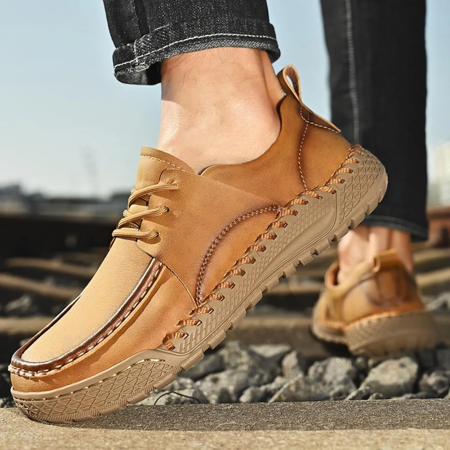 Men's Leather Lace-Up Loafers for Driving Travel & Hiking Hand-Stitched Business Casual Shoes Anti-Slip Rubber Sole Lightweight & Breathable Comfortable Walking Shoes for Men