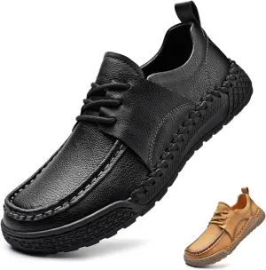 Men's Leather Lace-Up Loafers for Driving Travel & Hiking Hand-Stitched Business Casual Shoes Anti-Slip Rubber Sole Lightweight & Breathable Comfortable Walking Shoes for Men