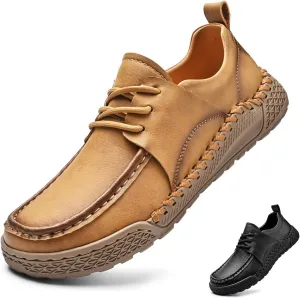Men's Leather Lace-Up Loafers for Driving Travel & Hiking Hand-Stitched Business Casual Shoes Anti-Slip Rubber Sole Lightweight & Breathable Comfortable Walking Shoes for Men
