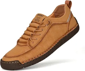 Men's Leather Loafers Lace-Up Non-Slip Walking Shoes Round Toe Hand-Stitched Soft Comfortable Slip-On Walking Outdoor Casual Waterproof Shoes for Walking Driving Office