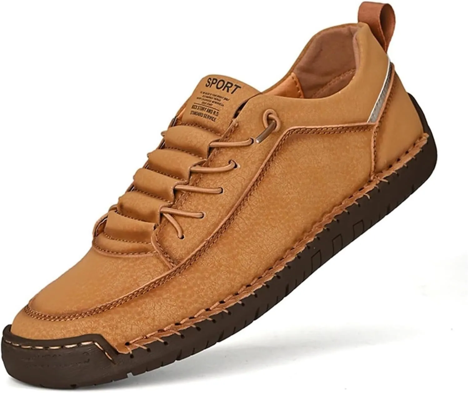 Men's Leather Loafers Lace-Up Non-Slip Walking Shoes Round Toe Hand-Stitched Soft Comfortable Slip-On Walking Outdoor Casual Waterproof Shoes for Walking Driving Office