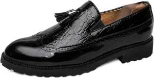Men's Patent Leather Crocodile Pattern Tassels Slip On Loafers FashionRetro Wingtip Low Top Smoking Shoes for Business Wedding Party Formal