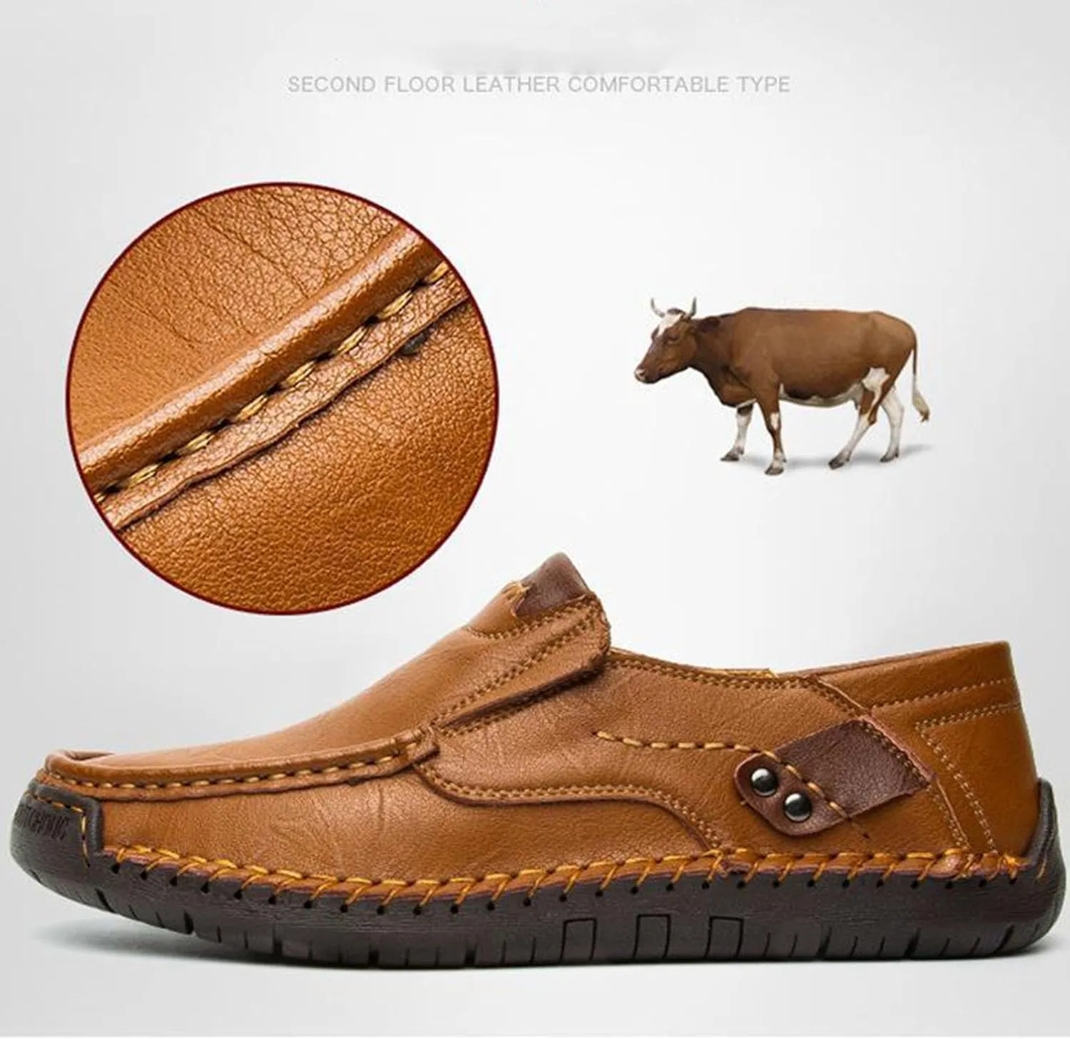 Men's Retro Hand-Stitched Leather Soft-Soled Loafers Shoes Fashion Comfortable Breathable Non-Slip Driving Loafers