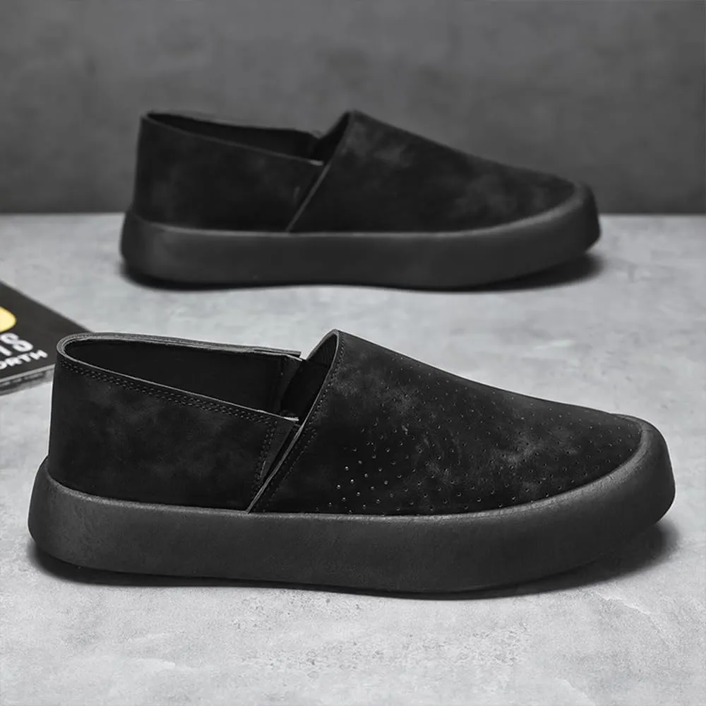 Men’s Slip-On Platform Loafers Breathable Perforated Leather Casual Walking Shoes with Lightweight Flat Sole Anti-Slip Comfort Sneakers for Work Travel Everyday