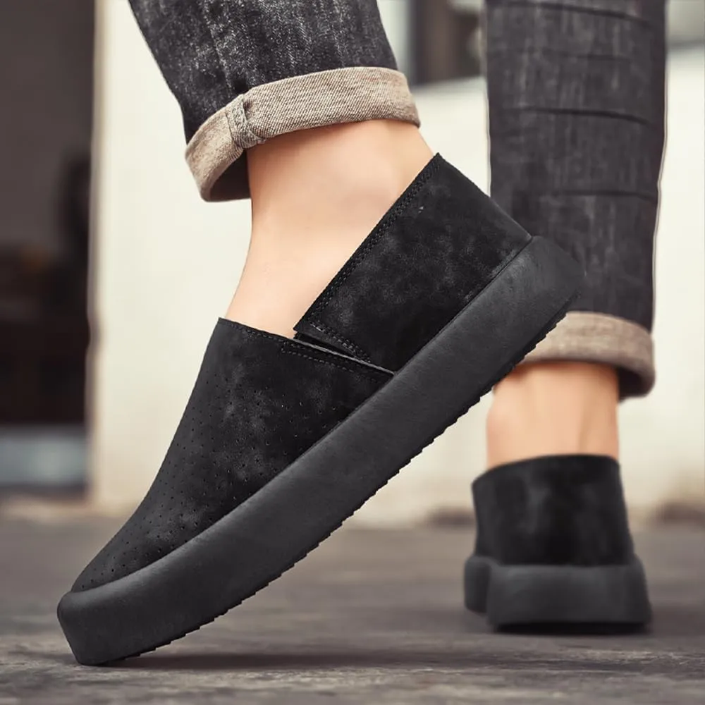 Men’s Slip-On Platform Loafers Breathable Perforated Leather Casual Walking Shoes with Lightweight Flat Sole Anti-Slip Comfort Sneakers for Work Travel Everyday