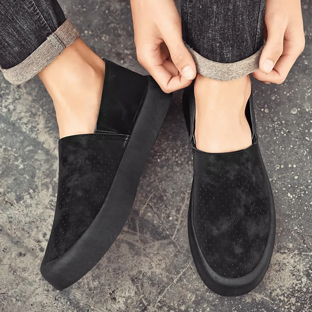 Men’s Slip-On Platform Loafers Breathable Perforated Leather Casual Walking Shoes with Lightweight Flat Sole Anti-Slip Comfort Sneakers for Work Travel Everyday
