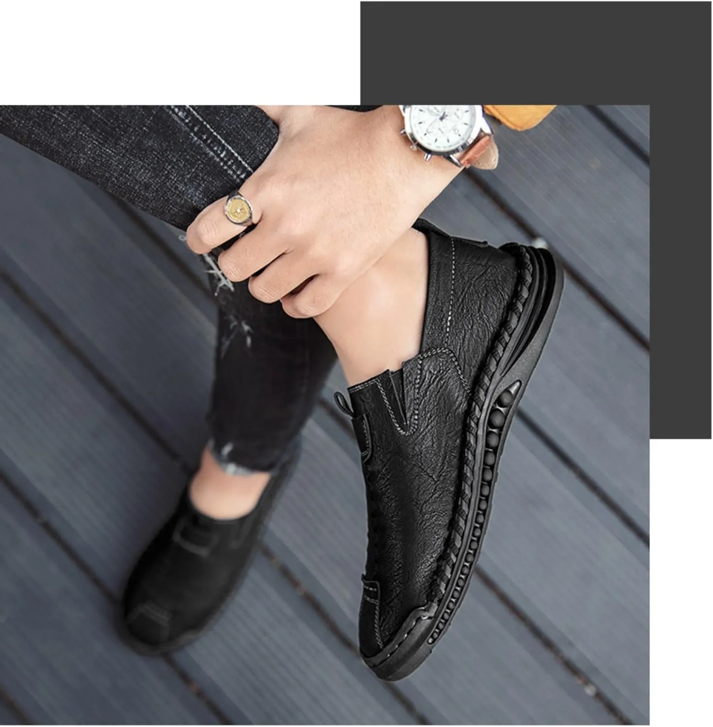 Men's Stylish Leather Slip-on Hand Stitched Loafers Casual Comfort Flat Non-Slip Classic Moccasins Business Formal Oxford Penny Driving Shoes