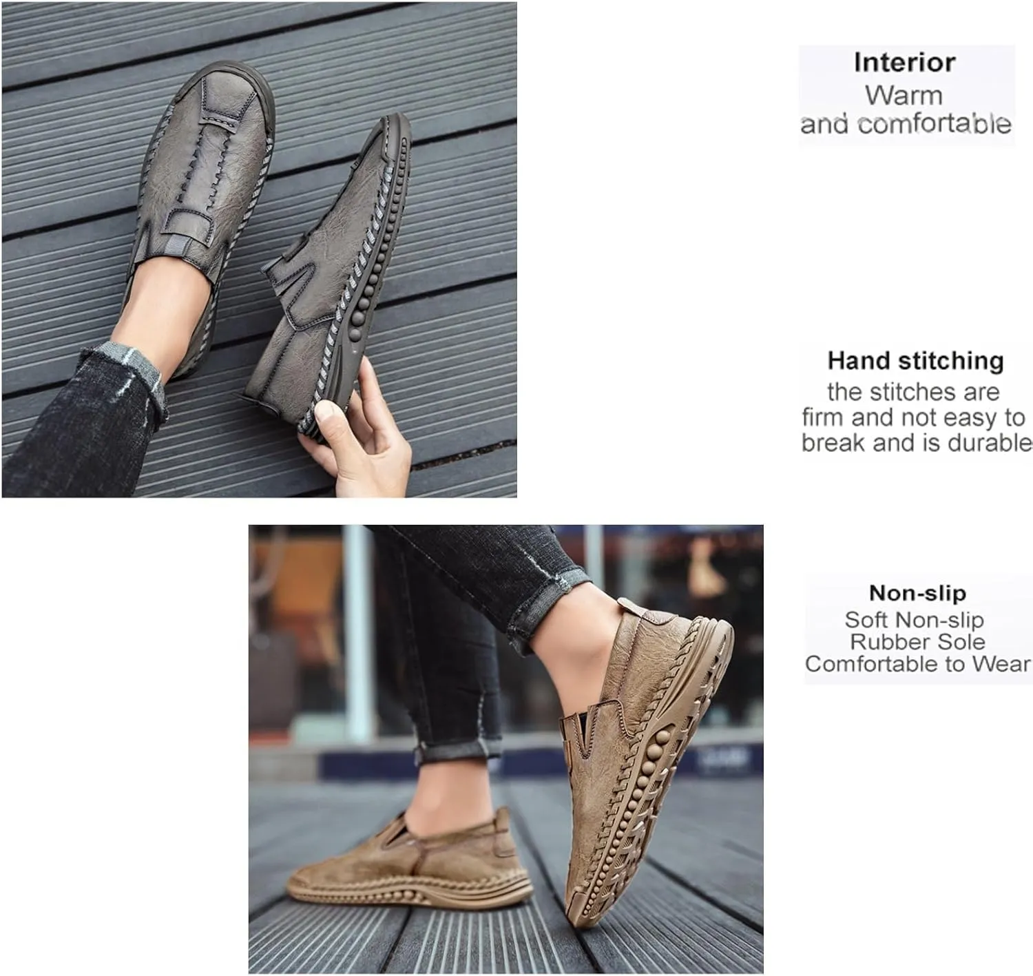Men's Stylish Leather Slip-on Hand Stitched Loafers Casual Comfort Flat Non-Slip Classic Moccasins Business Formal Oxford Penny Driving Shoes