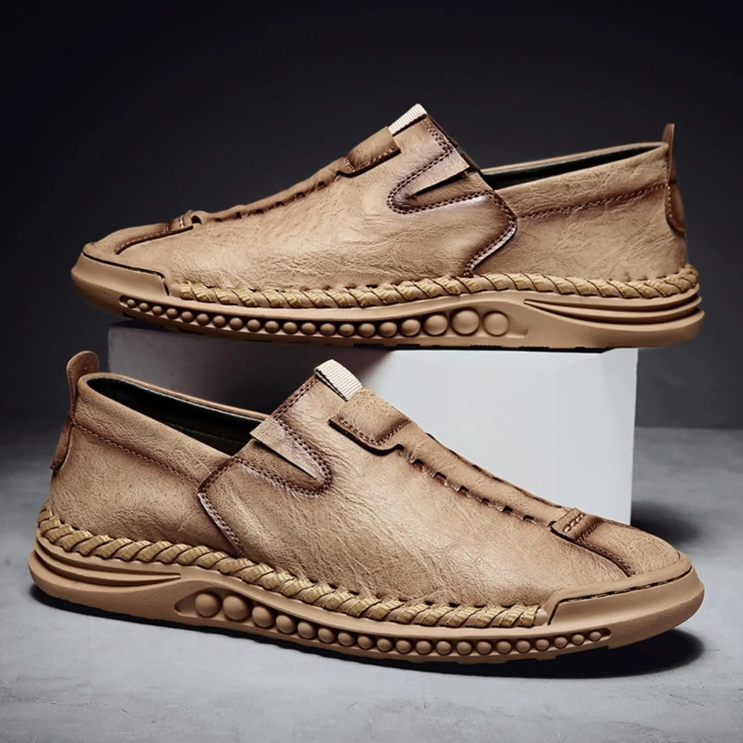 Men's Stylish Leather Slip-on Hand Stitched Loafers Casual Comfort Flat Non-Slip Classic Moccasins Business Formal Oxford Penny Driving Shoes