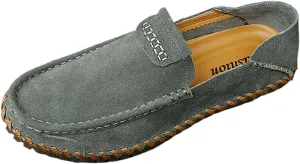 Men's Suede Flat Penny Loafers Comfortable Round Toe Vintage Hand Stitched Slip-On Driving Casual Shoes