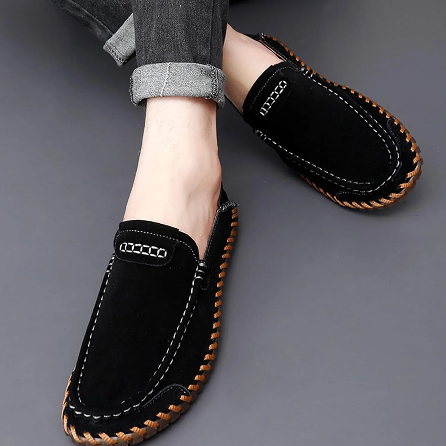 Men's Suede Flat Penny Loafers Comfortable Round Toe Vintage Hand Stitched Slip-On Driving Casual Shoes