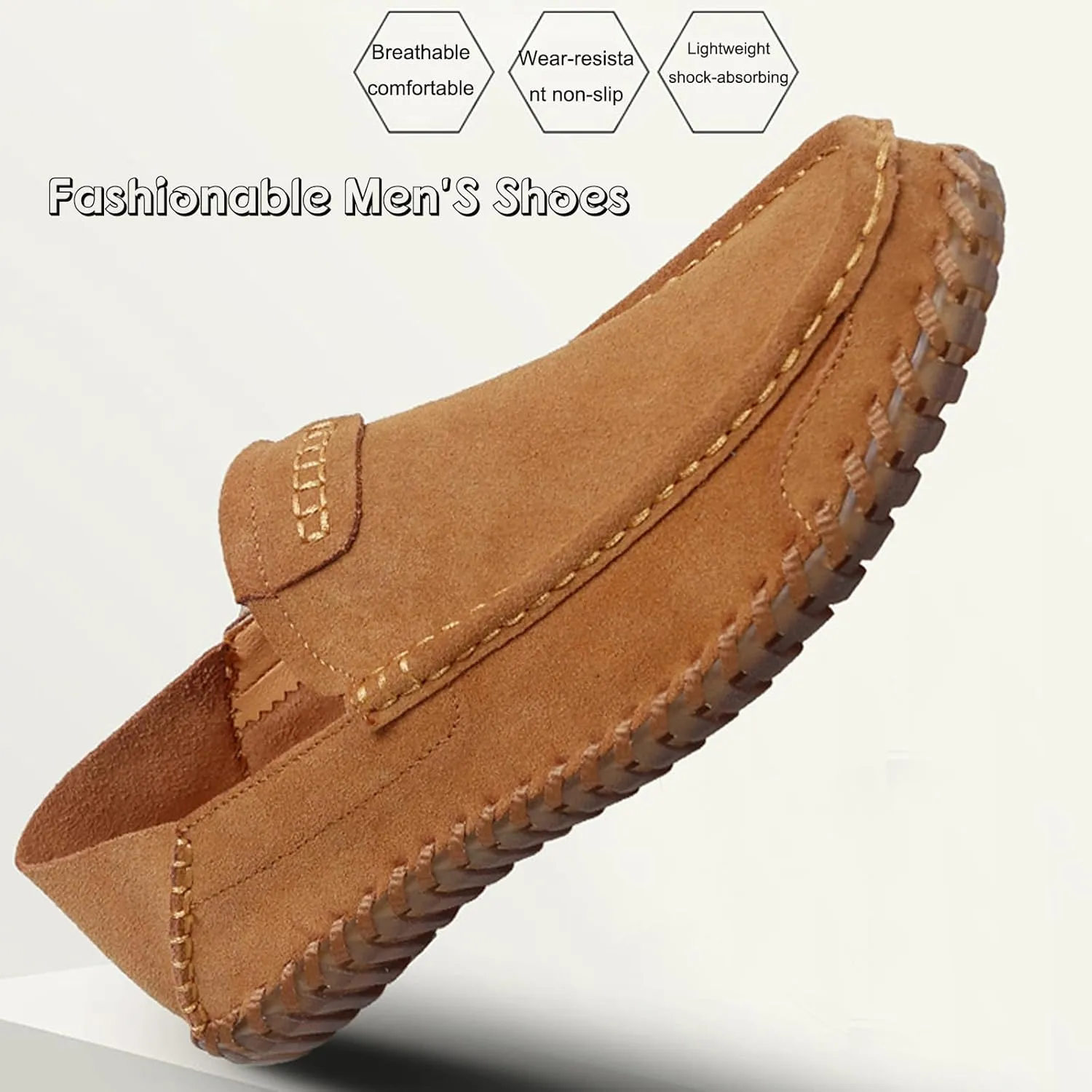 Men's Suede Flat Penny Loafers Comfortable Round Toe Vintage Hand Stitched Slip-On Driving Casual Shoes