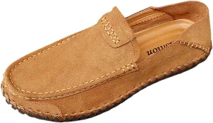 Men's Suede Flat Penny Loafers Comfortable Round Toe Vintage Hand Stitched Slip-On Driving Casual Shoes
