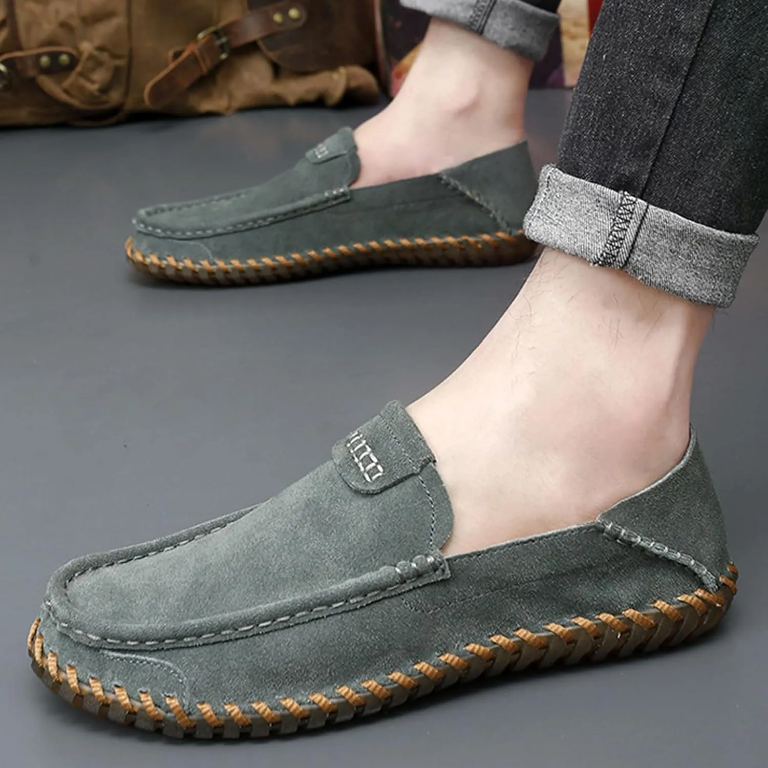 Men's Suede Flat Penny Loafers Comfortable Round Toe Vintage Hand Stitched Slip-On Driving Casual Shoes