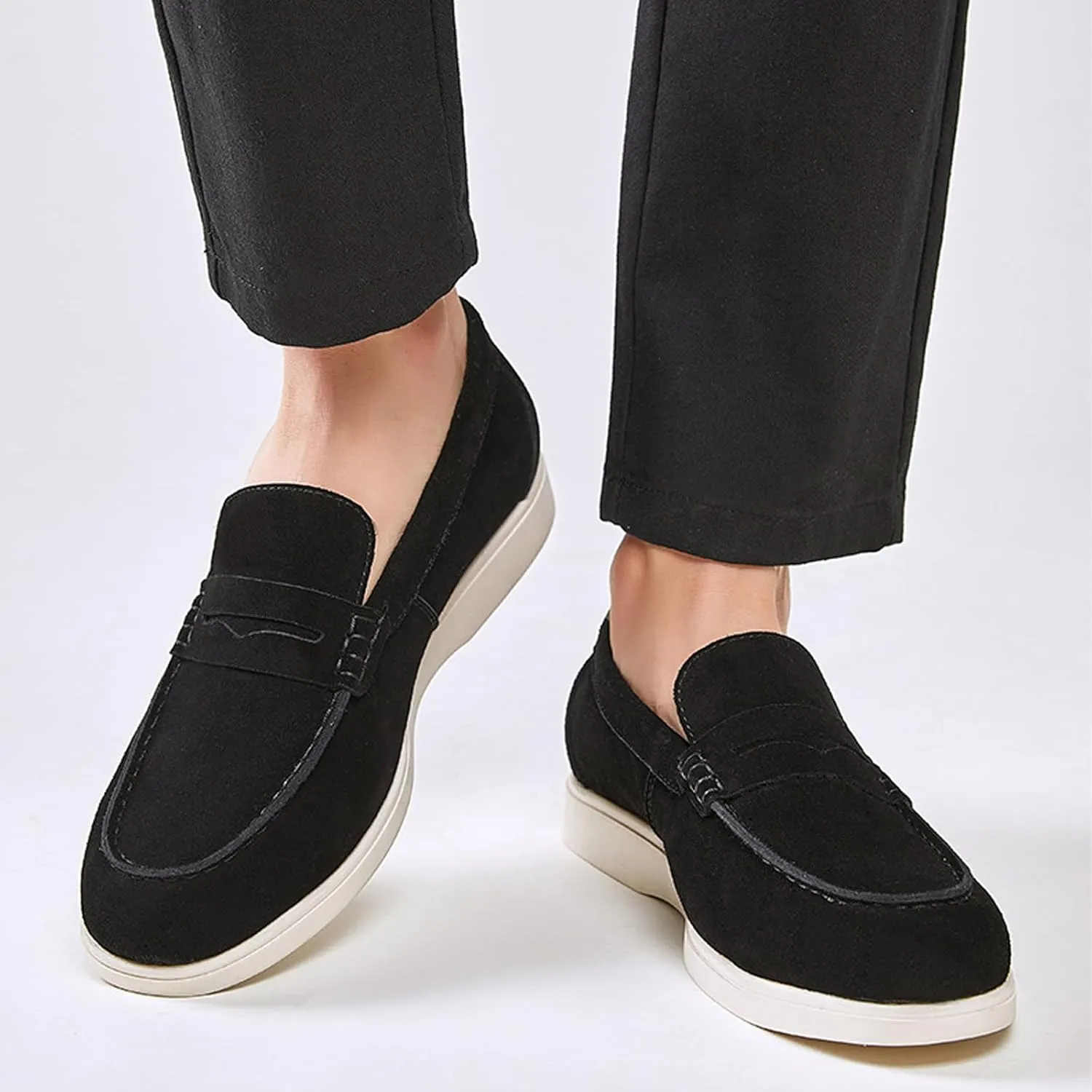 Men's Suede Flats Vintage Penny Loafers Classic Round Toe Hand-Stitched Breathable Comfortable Work Casual Moccasins