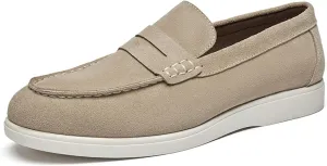 Men's Suede Flats Vintage Penny Loafers Classic Round Toe Hand-Stitched Breathable Comfortable Work Casual Moccasins