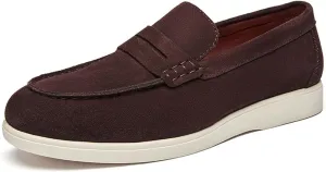 Men's Suede Flats Vintage Penny Loafers Classic Round Toe Hand-Stitched Breathable Comfortable Work Casual Moccasins