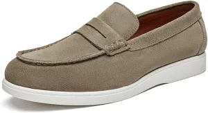 Men's Suede Flats Vintage Penny Loafers Classic Round Toe Hand-Stitched Breathable Comfortable Work Casual Moccasins