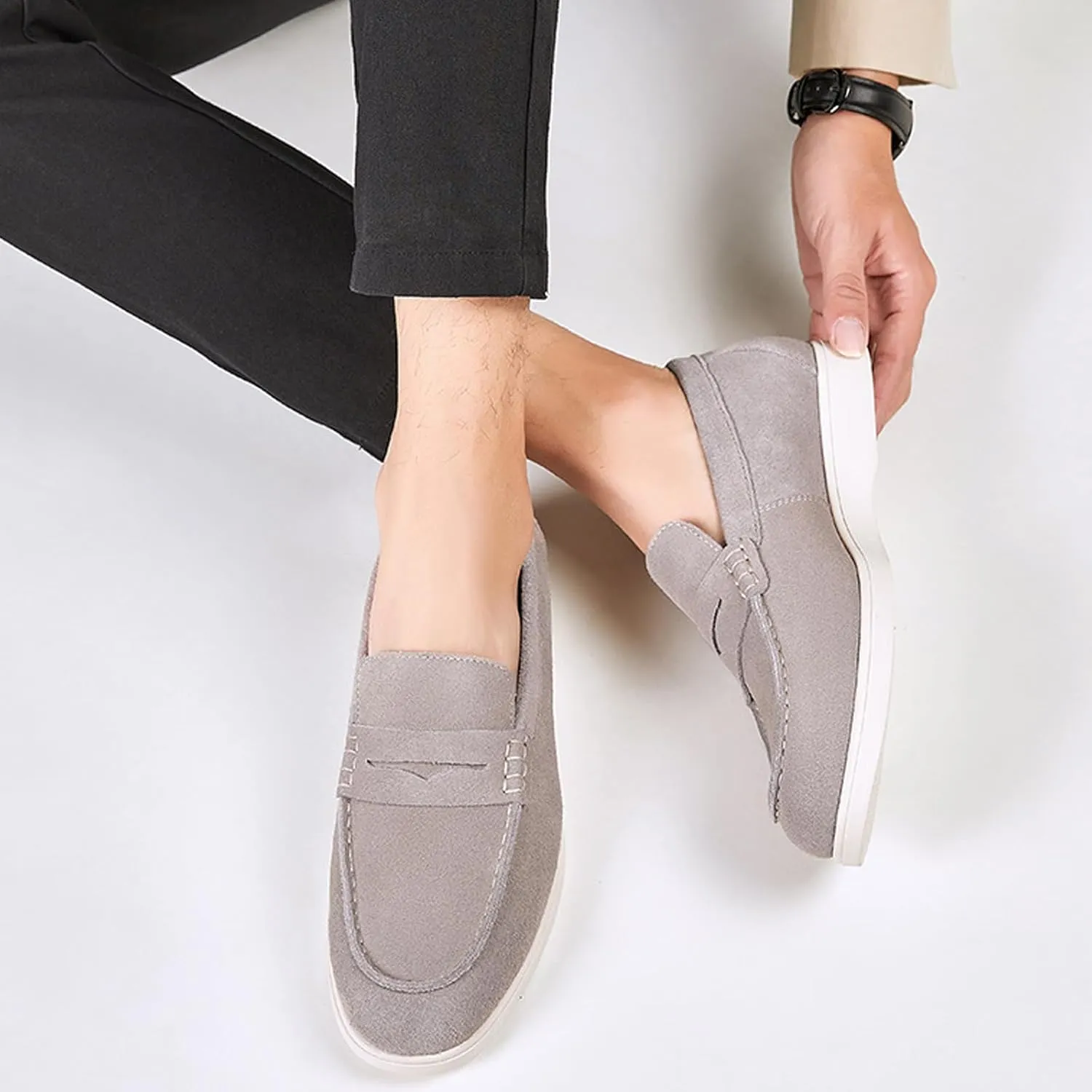 Men's Suede Flats Vintage Penny Loafers Classic Round Toe Hand-Stitched Breathable Comfortable Work Casual Moccasins