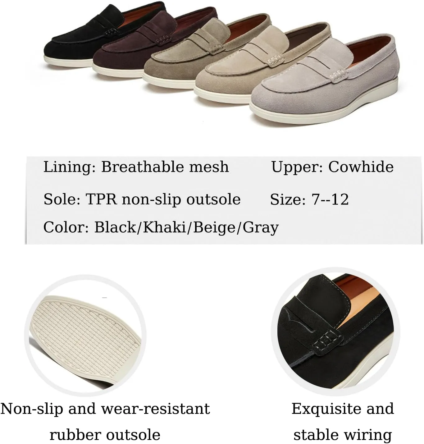 Men's Suede Flats Vintage Penny Loafers Classic Round Toe Hand-Stitched Breathable Comfortable Work Casual Moccasins