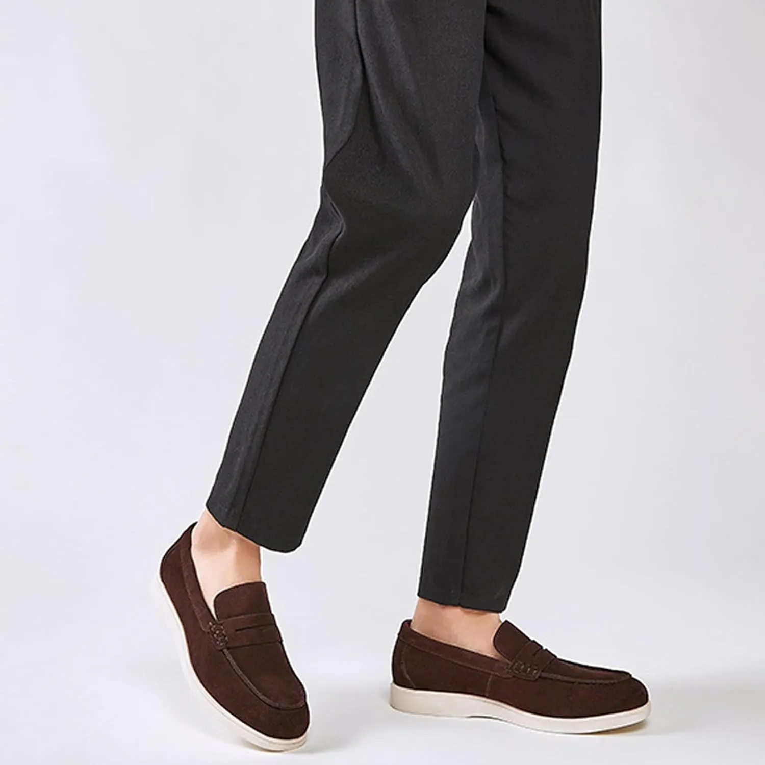Men's Suede Flats Vintage Penny Loafers Classic Round Toe Hand-Stitched Breathable Comfortable Work Casual Moccasins