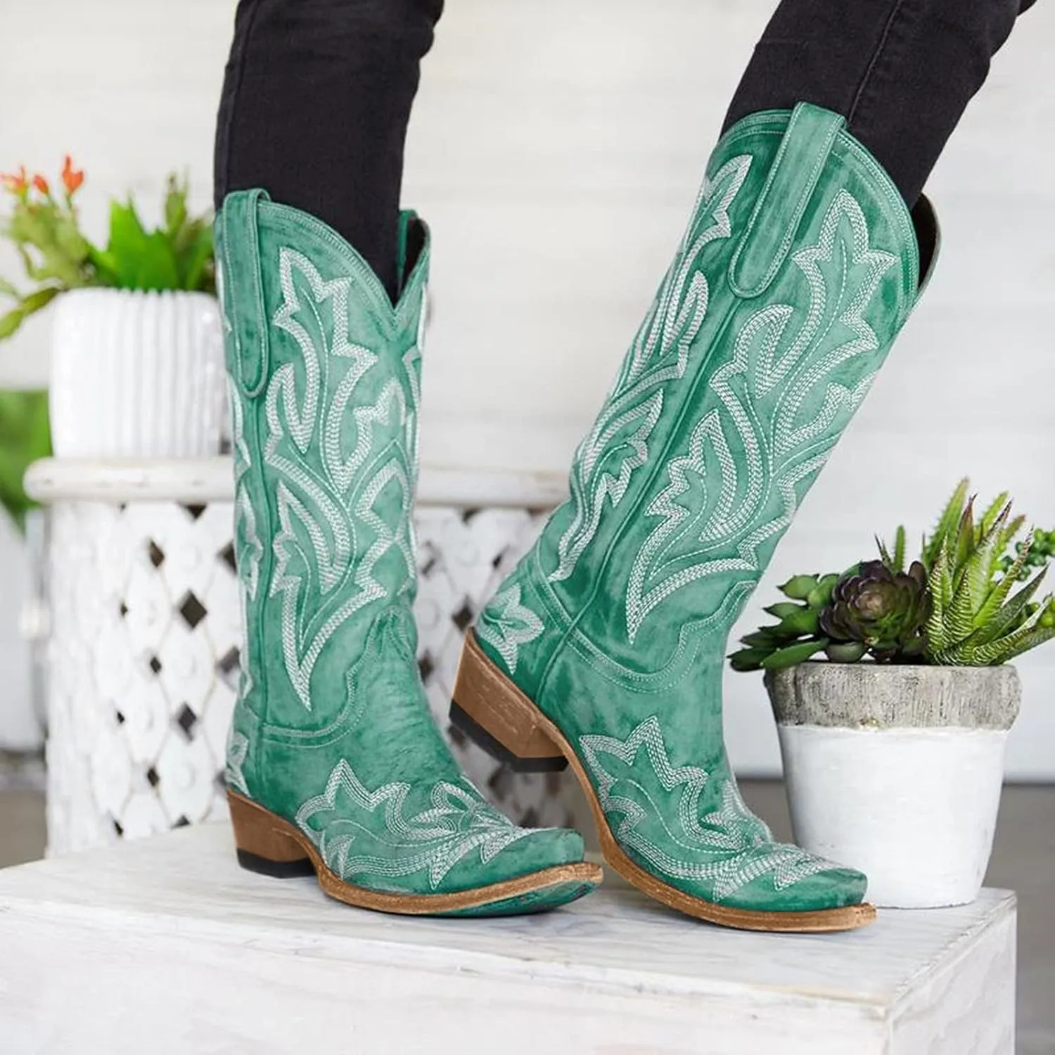 Mid Calf Boots for Women Cowboy Boots Women Cowboy Boots Retro Slip On Chunky Heel Embroidery Pointed Toe Women Boots