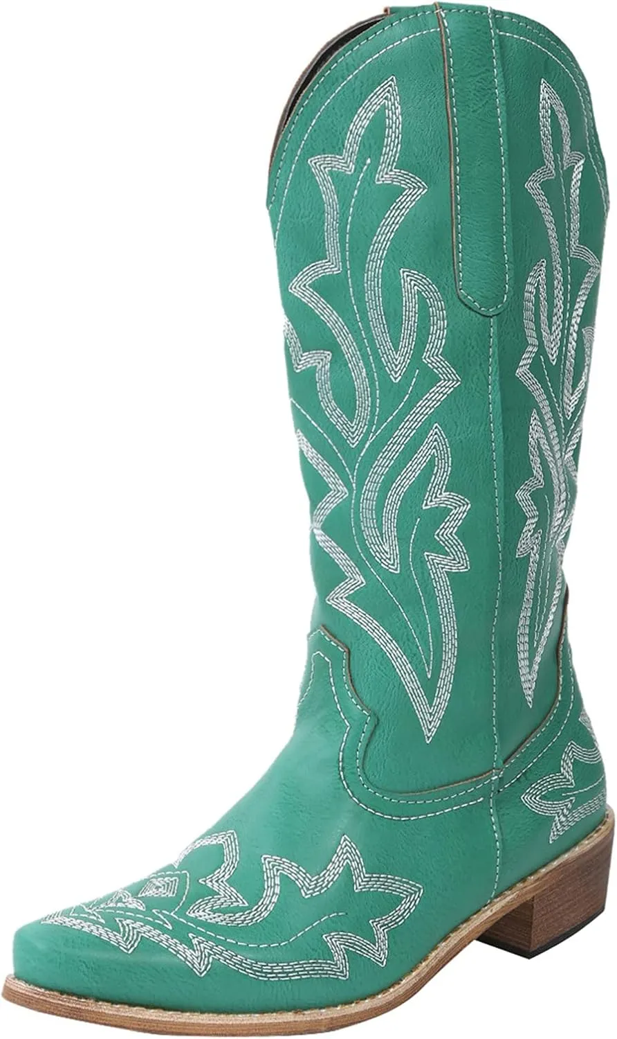 Mid Calf Boots for Women Cowboy Boots Women Cowboy Boots Retro Slip On Chunky Heel Embroidery Pointed Toe Women Boots
