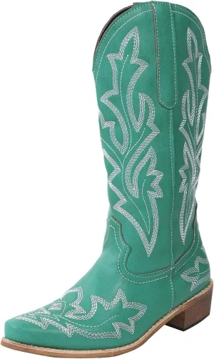 Mid Calf Boots for Women Cowboy Boots Women Cowboy Boots Retro Slip On Chunky Heel Embroidery Pointed Toe Women Boots