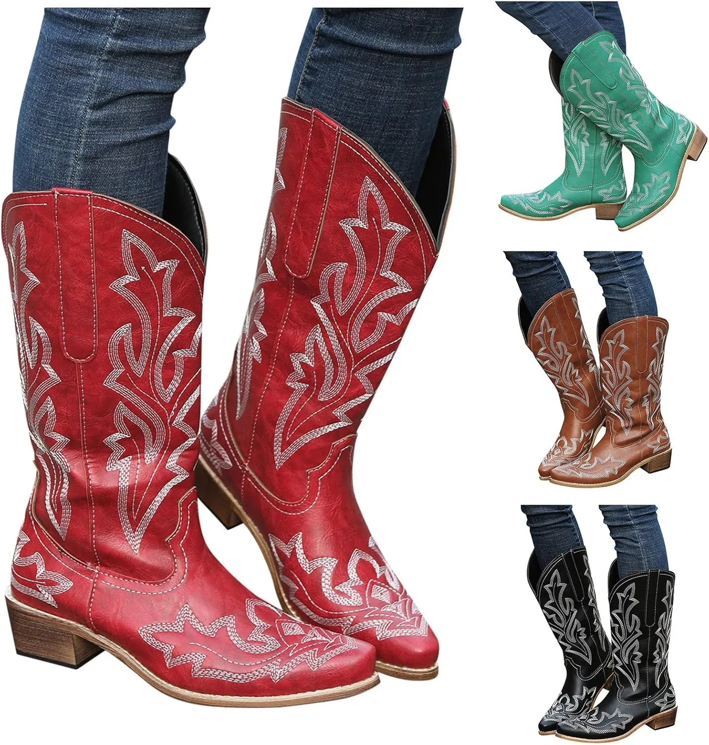 Mid Calf Boots for Women Cowboy Boots Women Cowboy Boots Retro Slip On Chunky Heel Embroidery Pointed Toe Women Boots