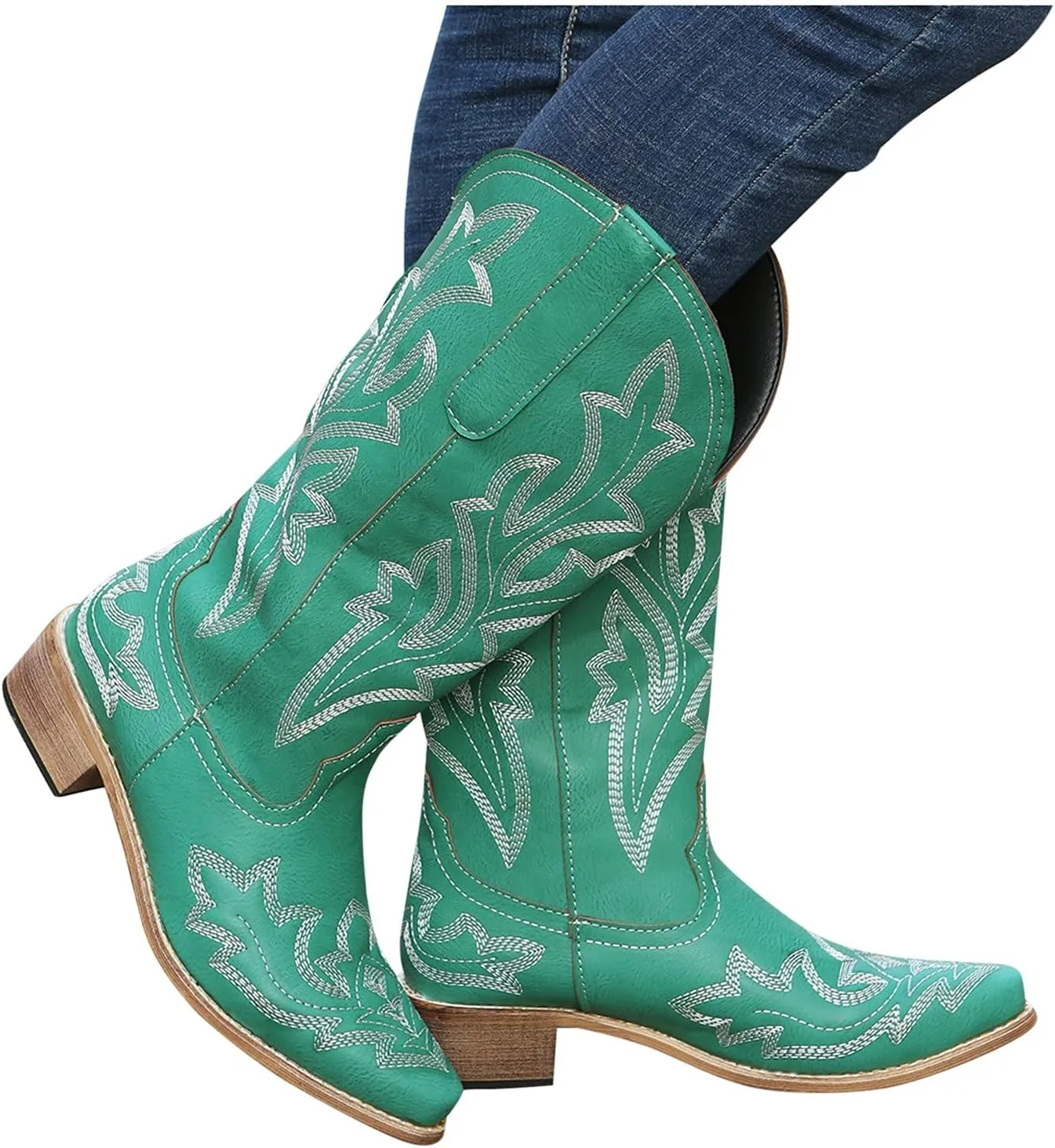 Mid Calf Boots for Women Cowboy Boots Women Cowboy Boots Retro Slip On Chunky Heel Embroidery Pointed Toe Women Boots