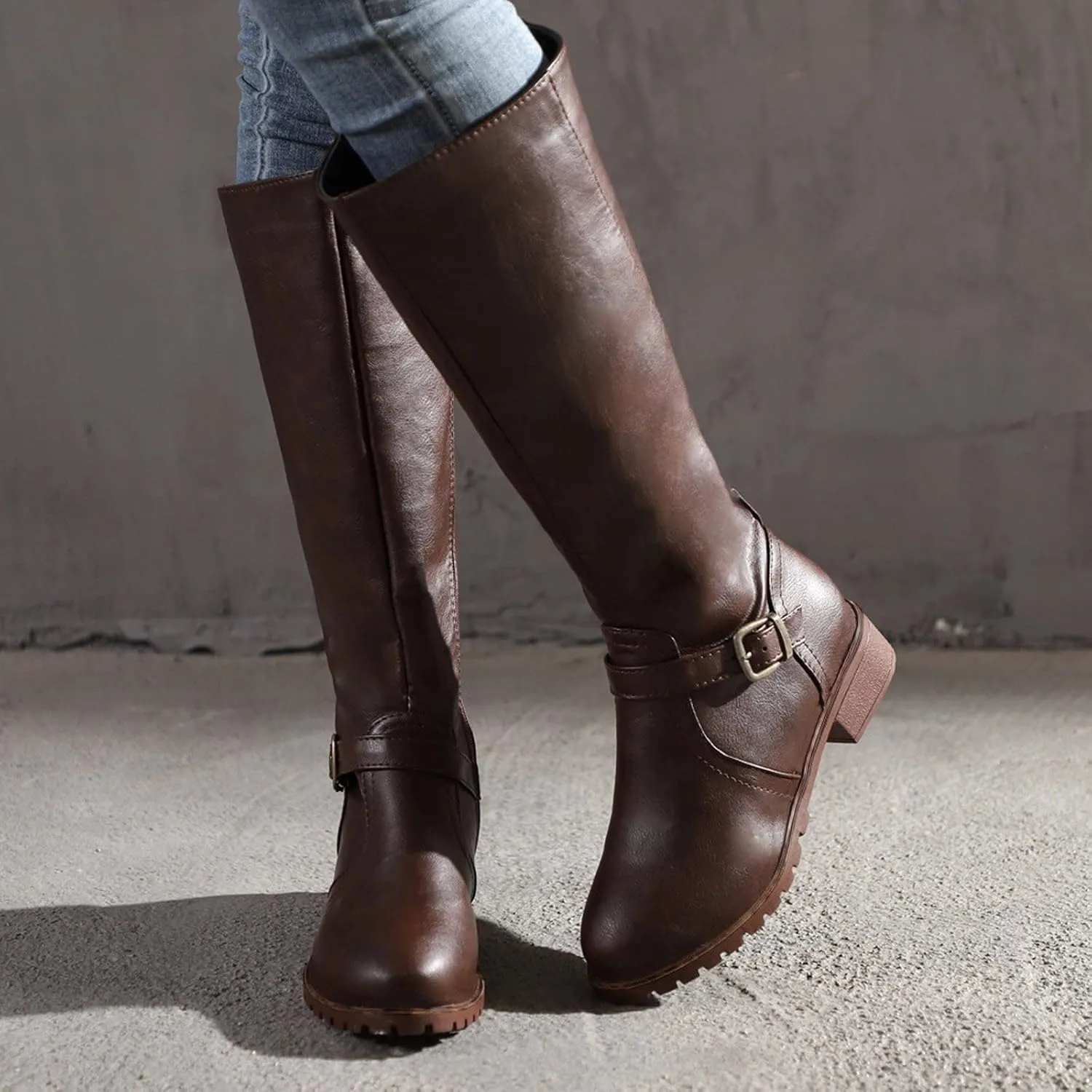 Mid Calf Boots for Women Low Hee Winter Boots for Women 2024 Vintage Round Toe Leather Zipper Square Heel Boots