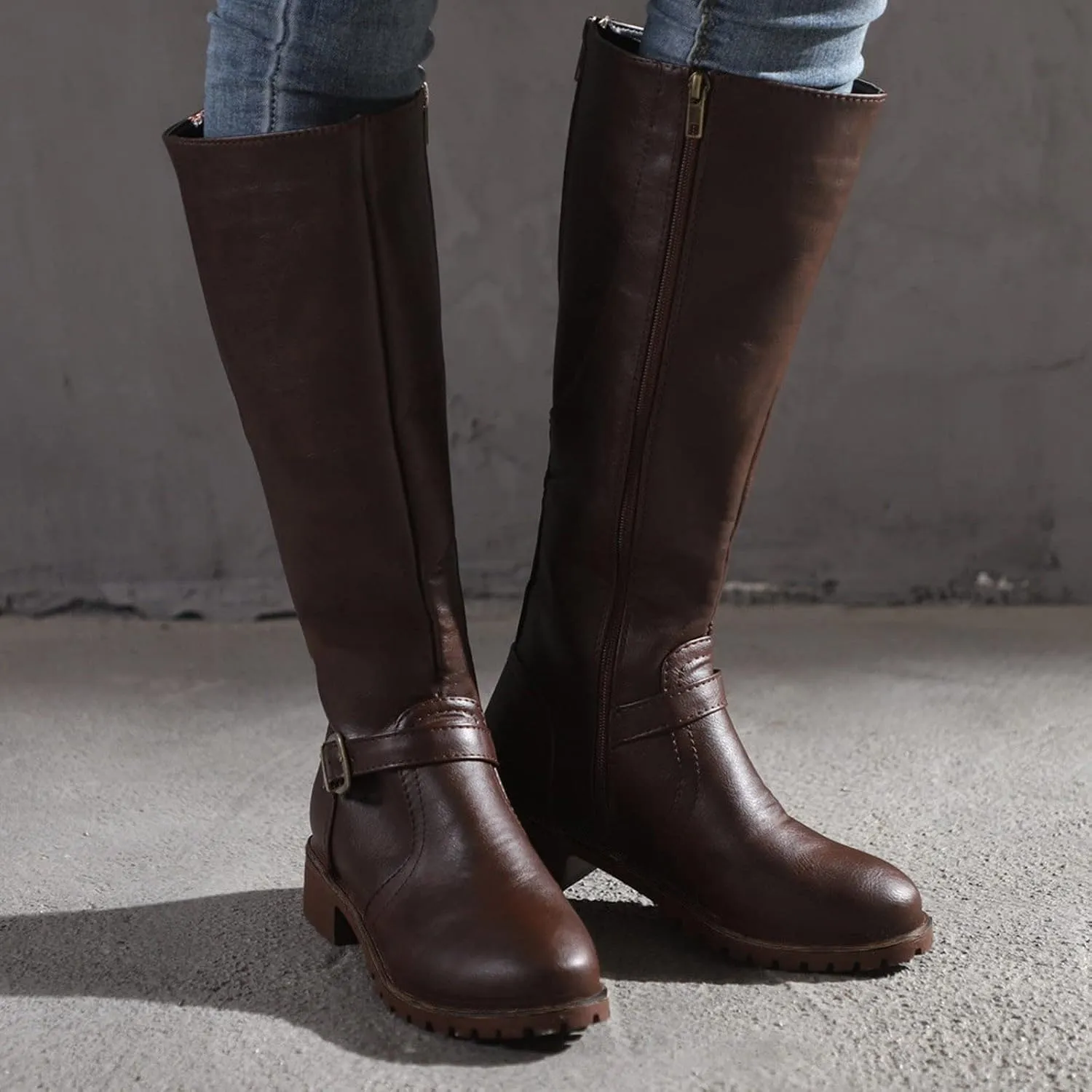 Mid Calf Boots for Women Low Hee Winter Boots for Women 2024 Vintage Round Toe Leather Zipper Square Heel Boots