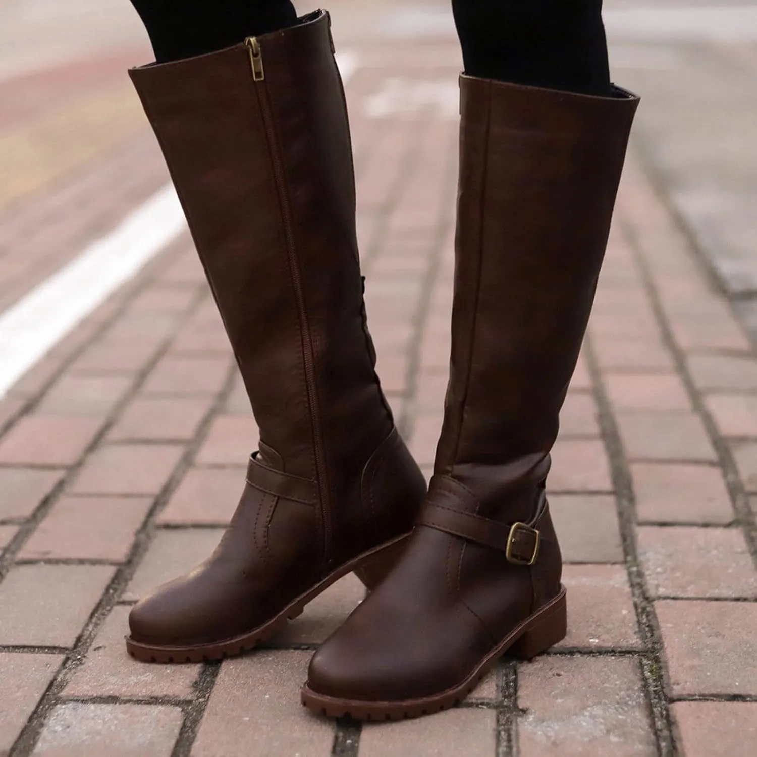 Mid Calf Boots for Women Low Hee Winter Boots for Women 2024 Vintage Round Toe Leather Zipper Square Heel Boots
