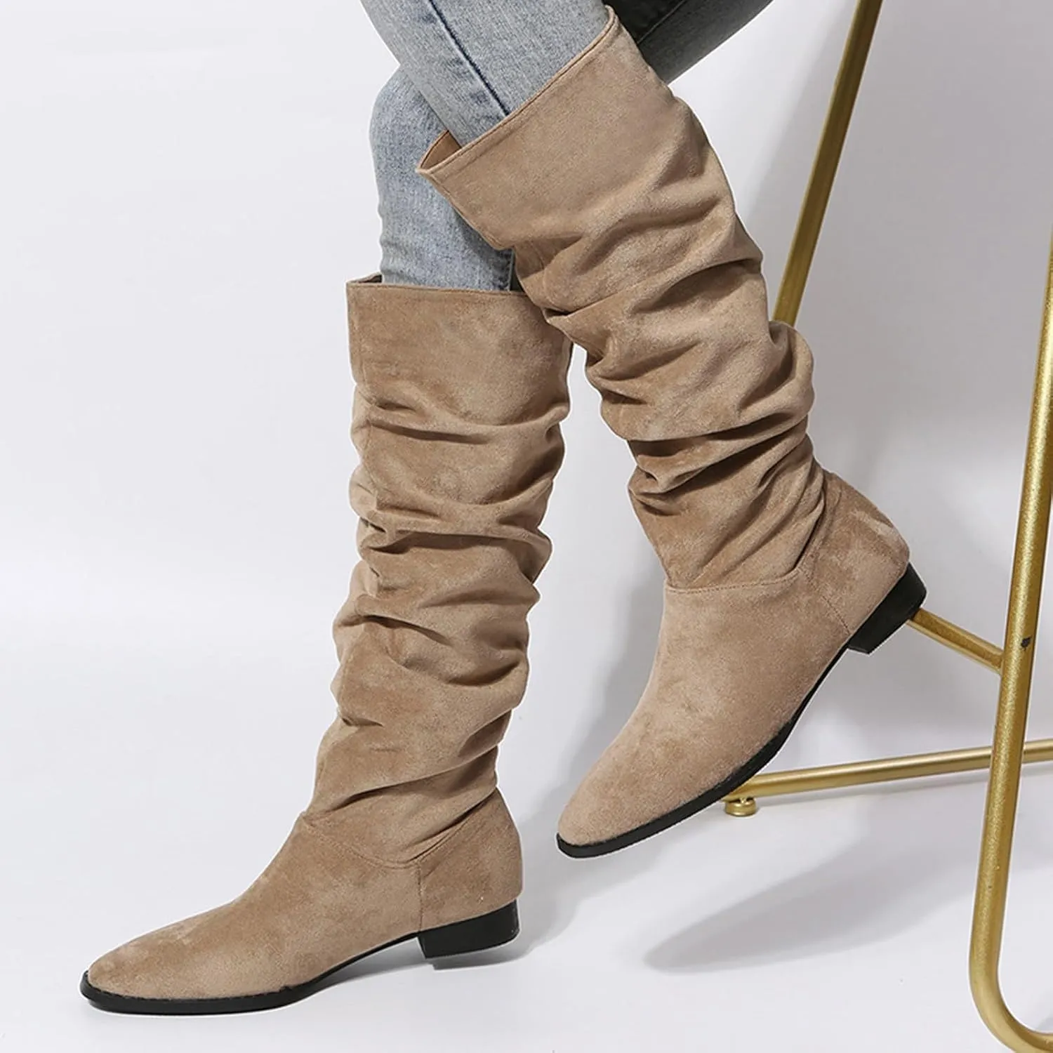 Mid Calf Boots for Women, Solid Color Mid Calf Pointed Toe Chunky Heels Pleated Knee High Boots Wide Calf Block Heel Boots