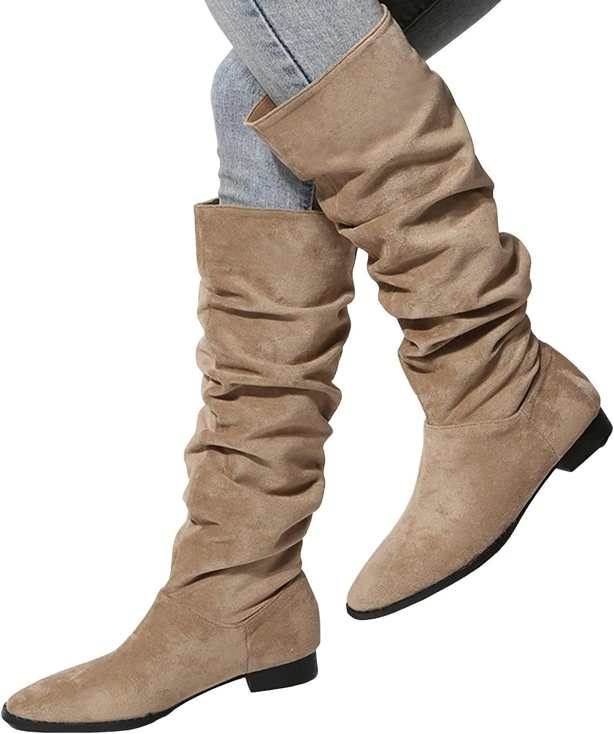 Mid Calf Boots for Women, Solid Color Mid Calf Pointed Toe Chunky Heels Pleated Knee High Boots Wide Calf Block Heel Boots