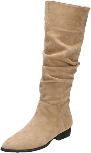 Mid Calf Boots for Women, Solid Color Mid Calf Pointed Toe Chunky Heels Pleated Knee High Boots Wide Calf Block Heel Boots
