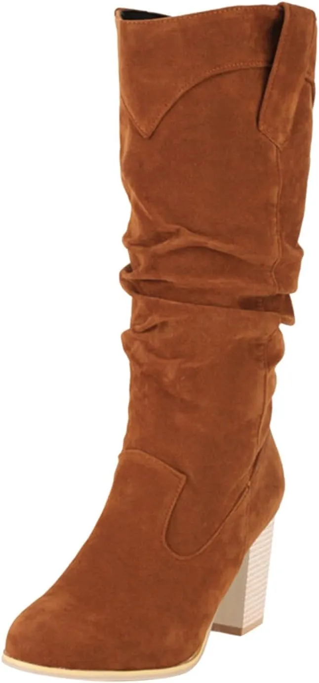 Mid Calf Boots for Women, Vintage Wide Pull On Leather Ruched Shoes Pointed Toe Faux Suede Slouch Chunky Heel Boots