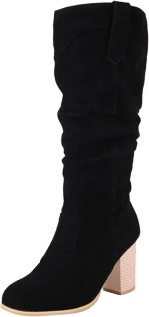 Mid Calf Boots for Women, Vintage Wide Pull On Leather Ruched Shoes Pointed Toe Faux Suede Slouch Chunky Heel Boots