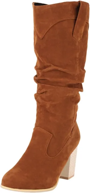 Mid Calf Boots for Women, Vintage Wide Pull On Leather Ruched Shoes Pointed Toe Faux Suede Slouch Chunky Heel Boots
