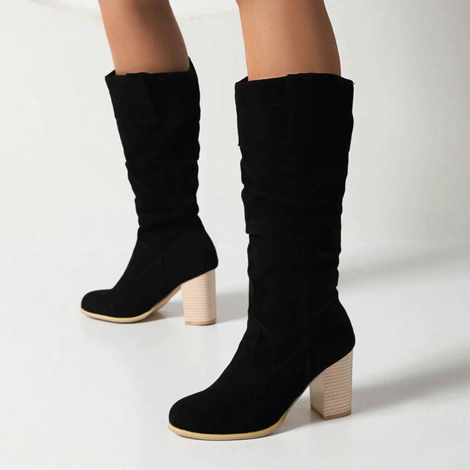 Mid Calf Boots for Women, Vintage Wide Pull On Leather Ruched Shoes Pointed Toe Faux Suede Slouch Chunky Heel Boots
