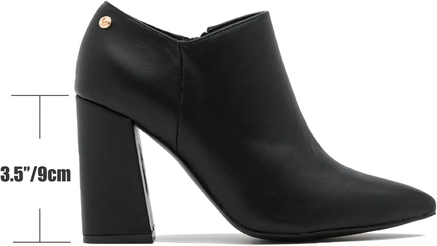 MOOMMO Women Chunky Block Heel Chelsea Ankle Boots Low Cut Zipper Pointed Closed Toe 3.5 Inch Short Booties Matte Leather Comfort Fall Winter Boot Formal Classic Office School Teacher Shoes 4-13 M US