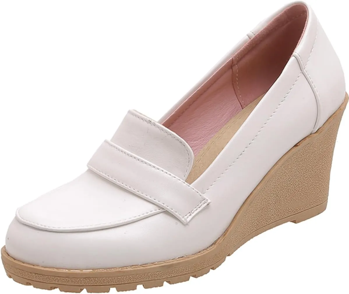 MOOMMO Women Platform Wedge Loafers Pumps Shoes Slip On Round Closed Toe Oxford Shoes Matte Leather Chunky Block Heel Penny Loafers Ladies Dressy Elegant Uniform Office Work Shoe Club Daily 4-10 M US